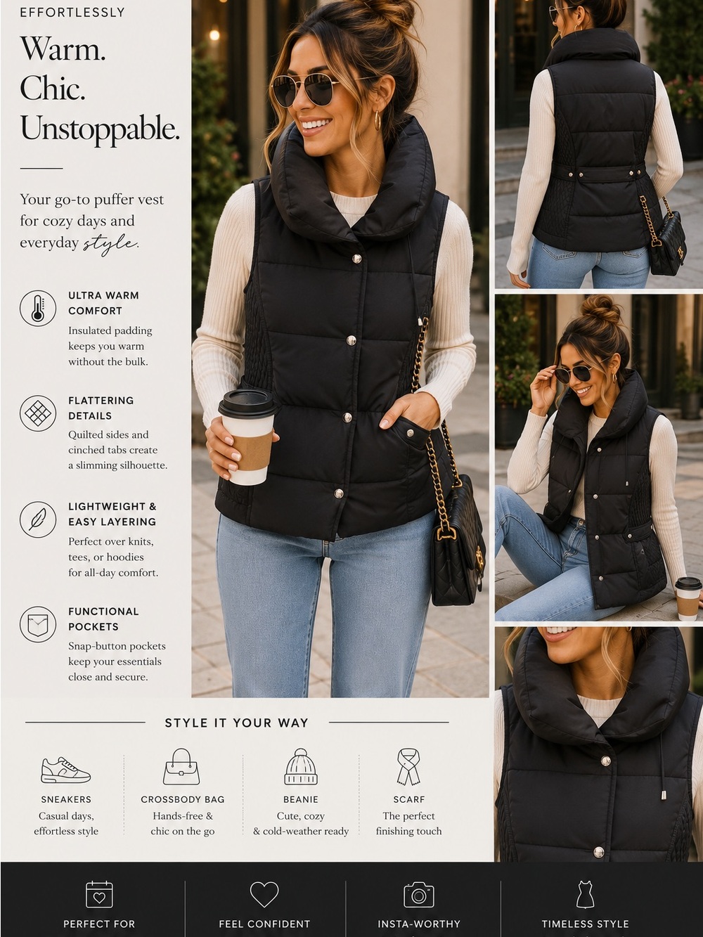 Marc New York Black Quilted Puffer Vest with Funnel Collar